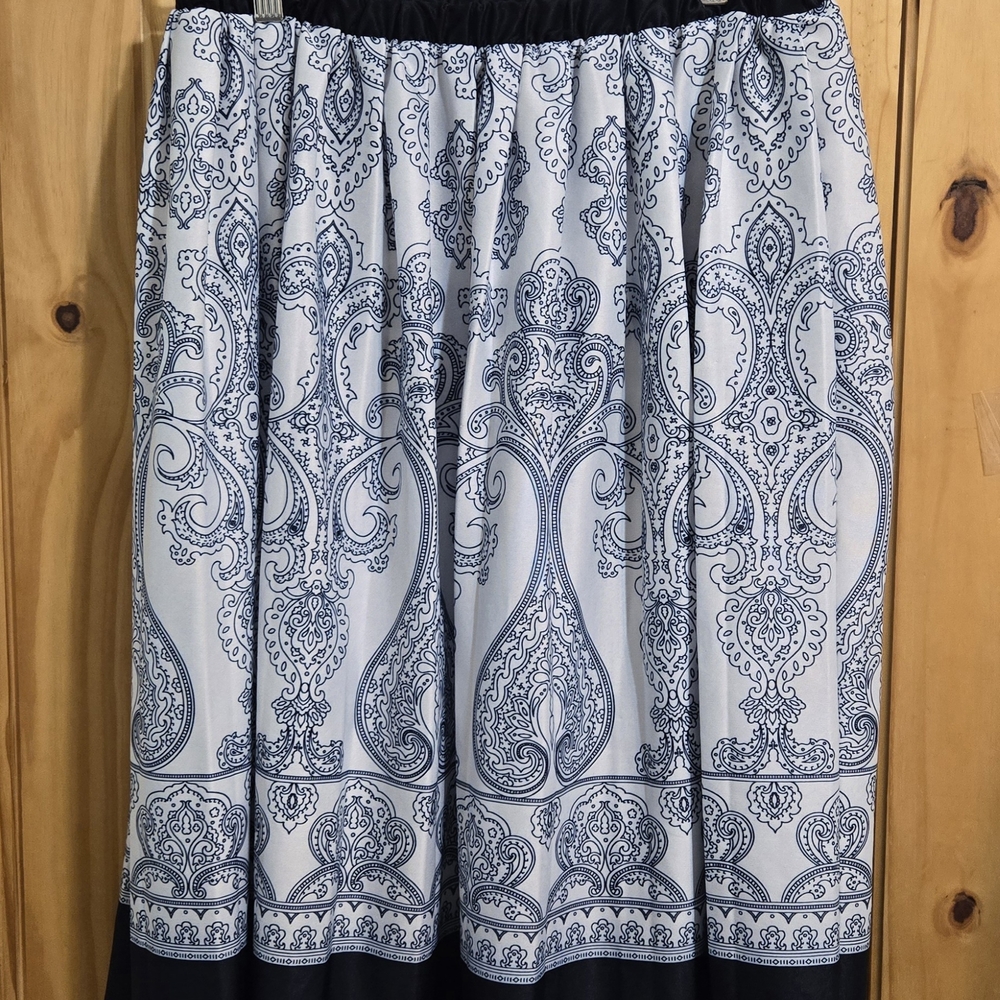 Womens Petite Navy White Paisley Damask Midi Skirt‎ Elastic Waist Size 14P